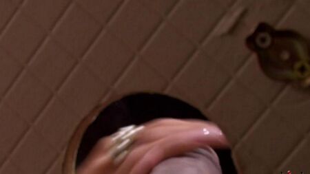 La beauté suce une bite d'un trou dans les toilettes