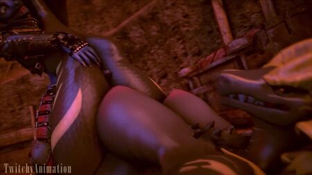 3D Yiff par TwitchyAnimation : porno furry hétéro E621 FYE Monster Hunter r34 rule34 : un dragon écailleux baise un chacal violet