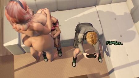 Maman transsexuelle en 3D baise sa fille adolescente - Dessin animé : une trans baise une fille pendant que le fils joue à la console - Animation futanari en 3D